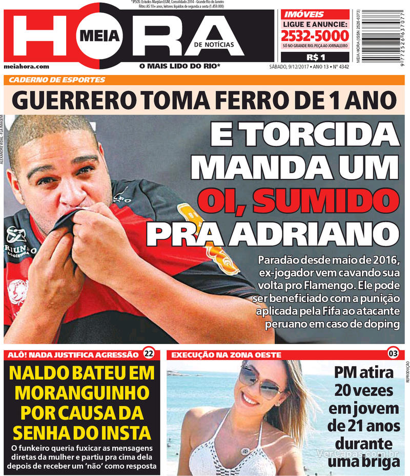 Capa do jornal Meia Hora 09/12/2017