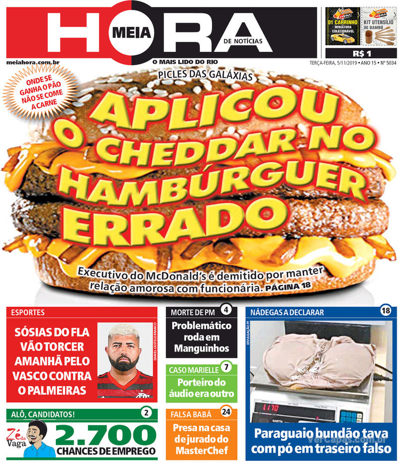 Capa do jornal Meia Hora 05/11/2019