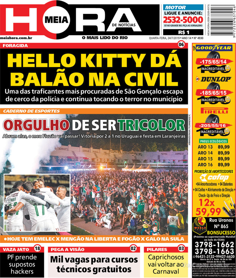 Capa jornal Meia Hora 24/07/2019