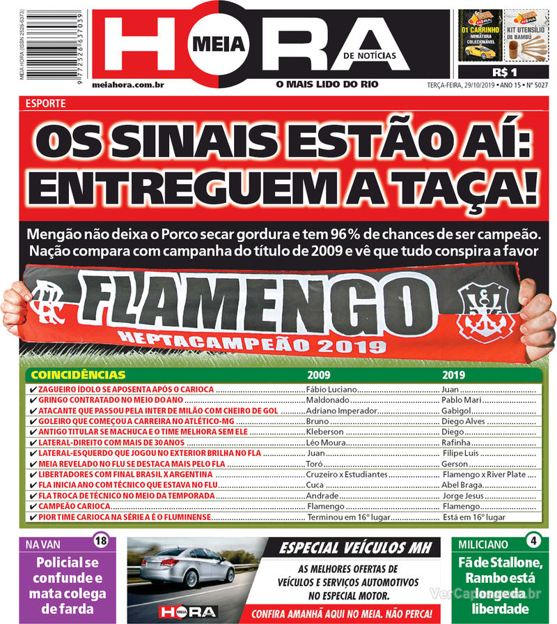 Capa do jornal Meia Hora 29/10/2019