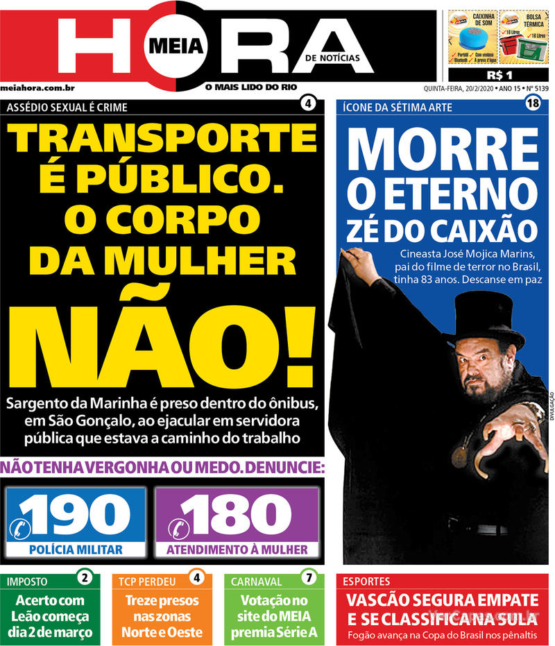 Capa do jornal Meia Hora 20/02/2020