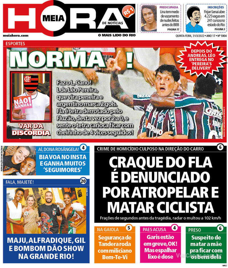 Capa do jornal Meia Hora 31/03/2022