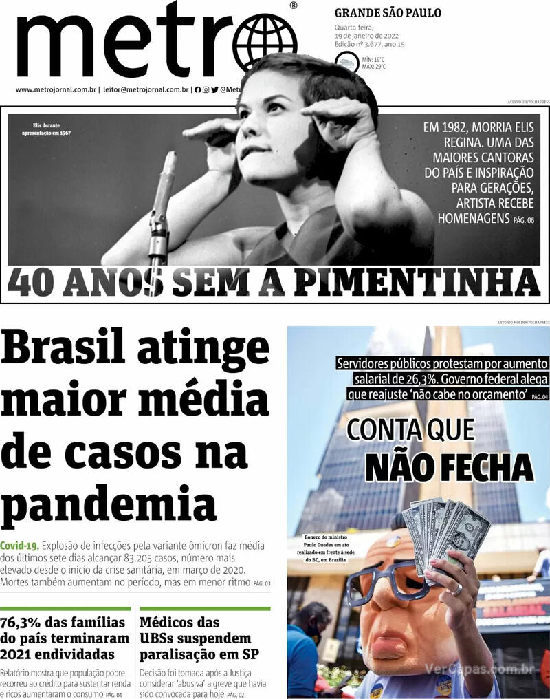Capa do jornal Metro Jornal São Paulo 19/01/2022