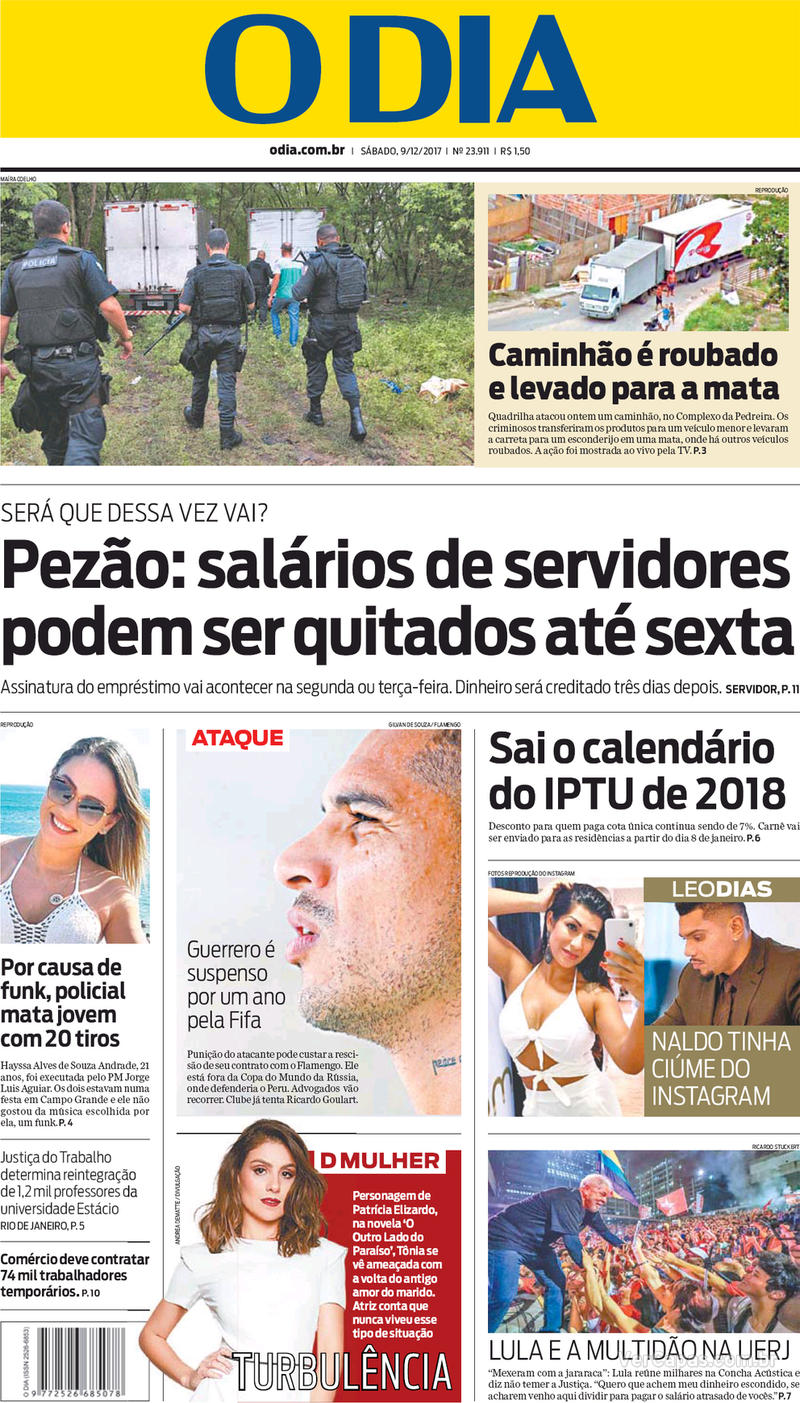 Capa do jornal O Dia 09/12/2017