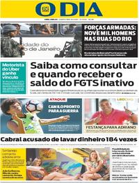 Capa do jornal O Dia 15/02/2017