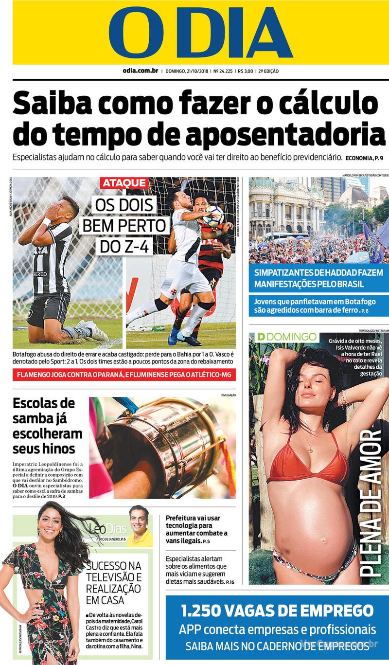 Capa do jornal O Dia 21/10/2018