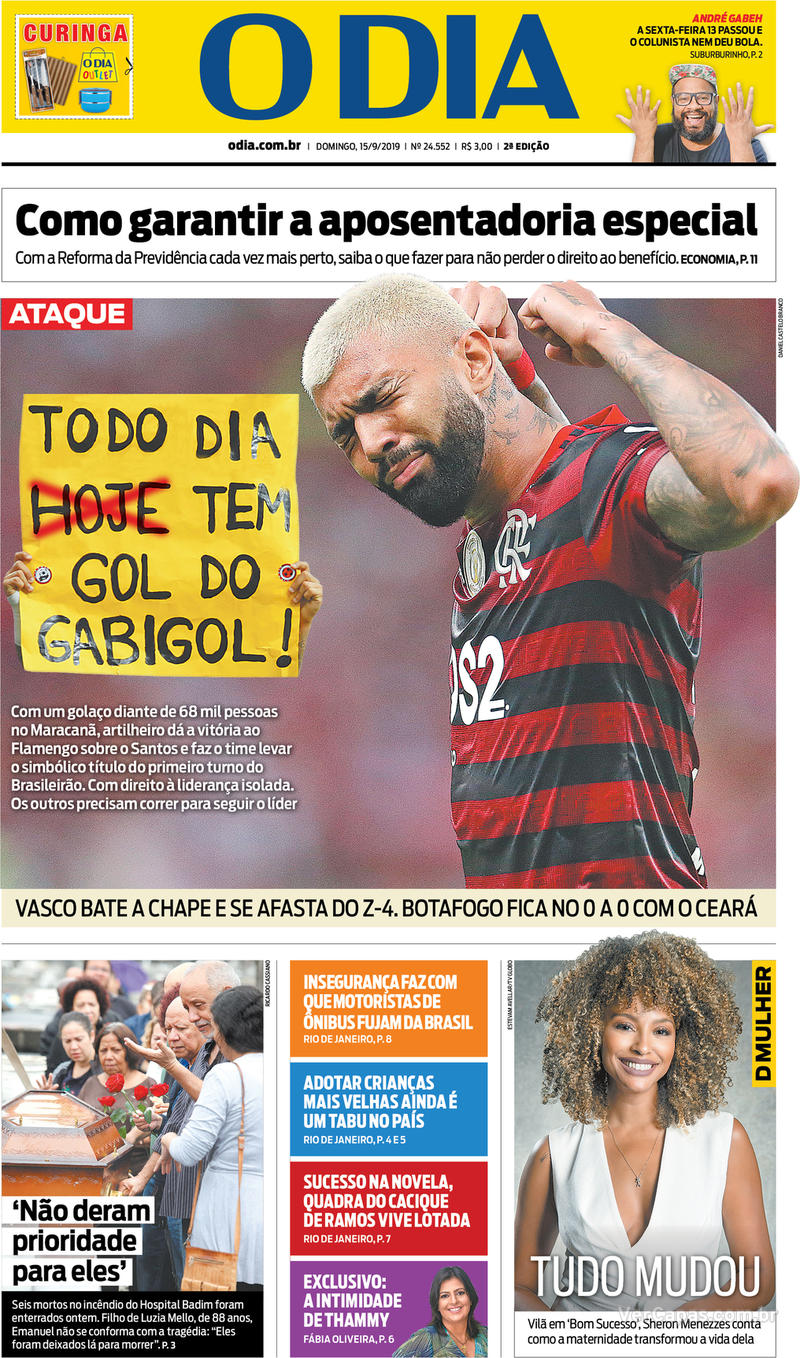 Capa do jornal O Dia 15/09/2019