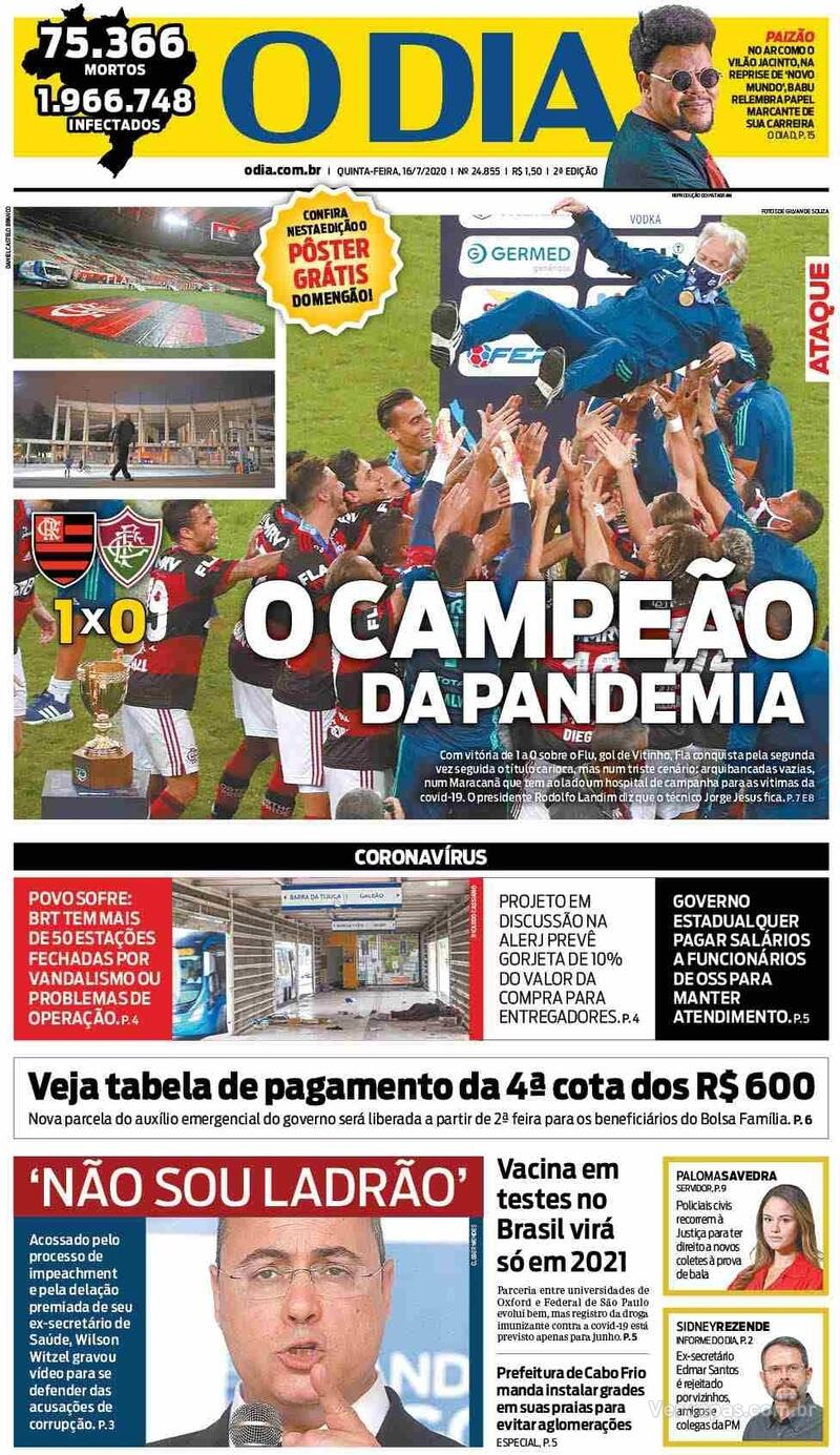 Capa do jornal O Dia 16/07/2020