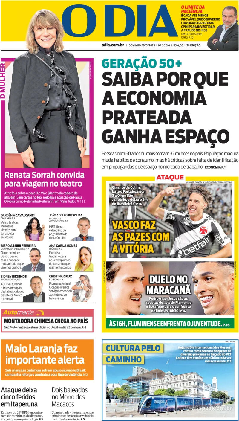 Capa do jornal O Dia 18/05/2025