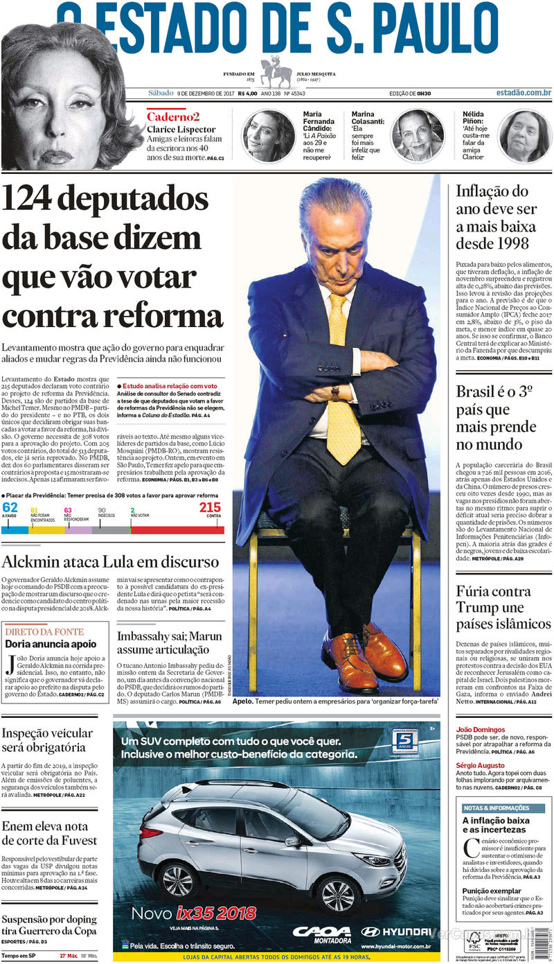 Capa do jornal Estadão 09/12/2017