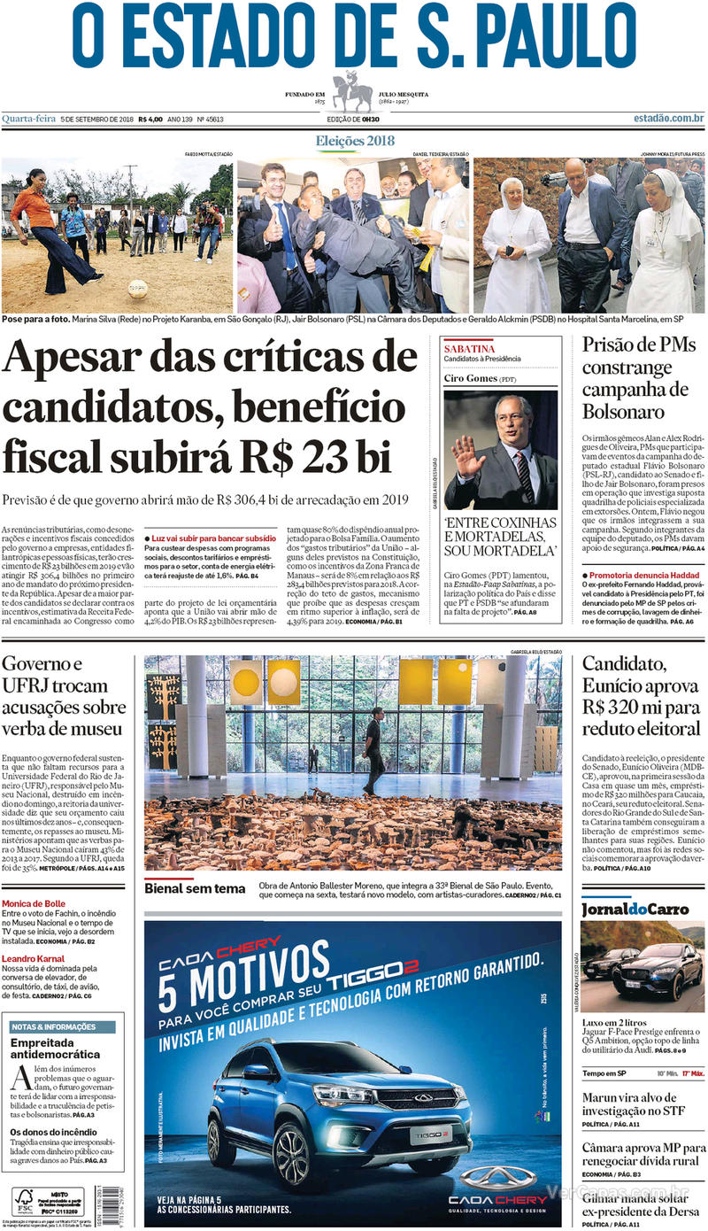 Capa O Estado de Sao Paulo 2018-09-05