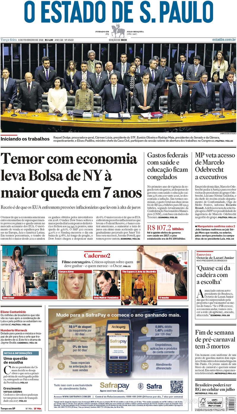 Capa do jornal Estadão 06/02/2018