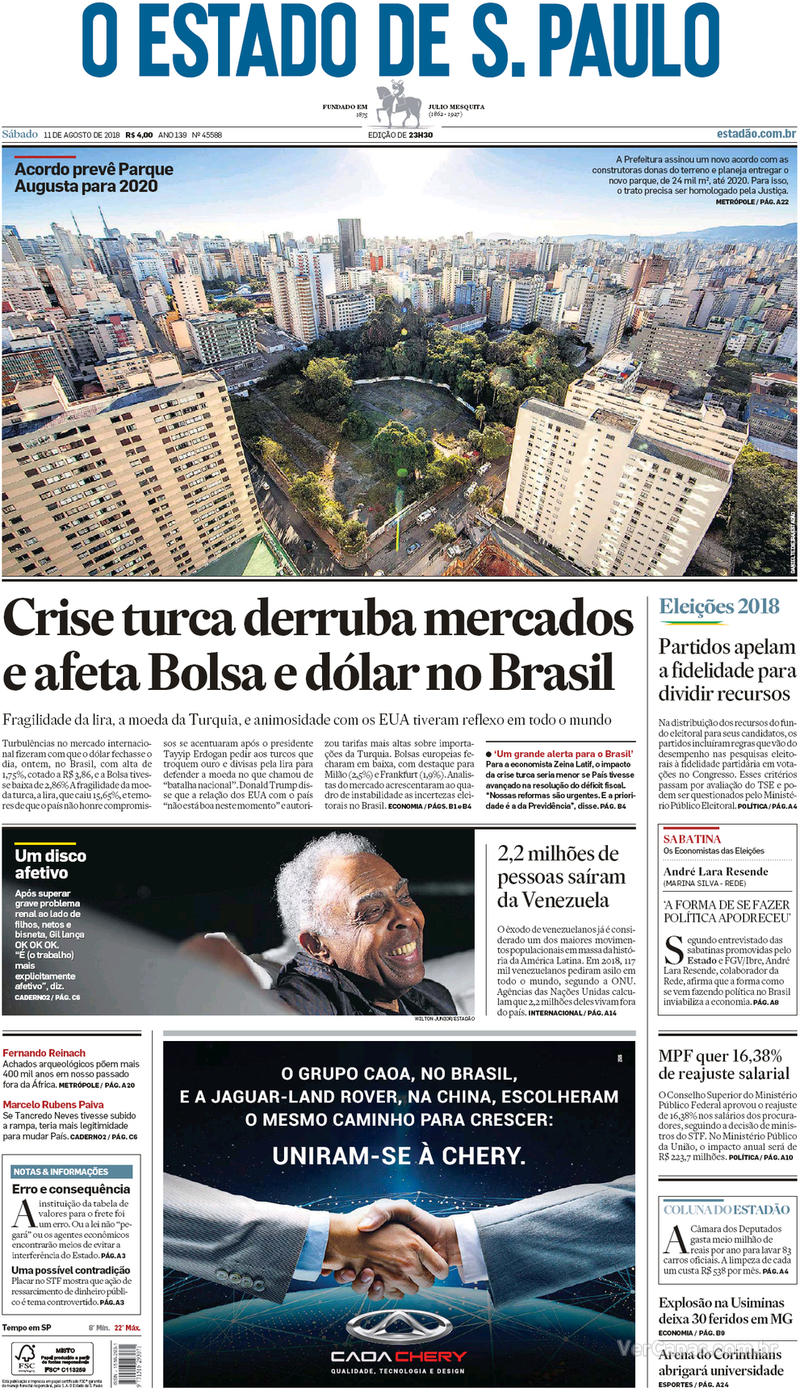 Capa O Estado de Sao Paulo 2018-08-11