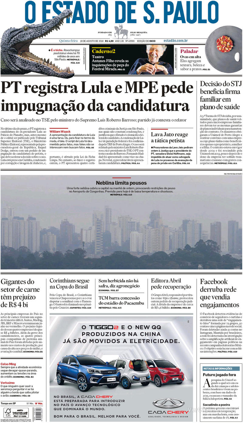 Capa O Estado de Sao Paulo 2018-08-16