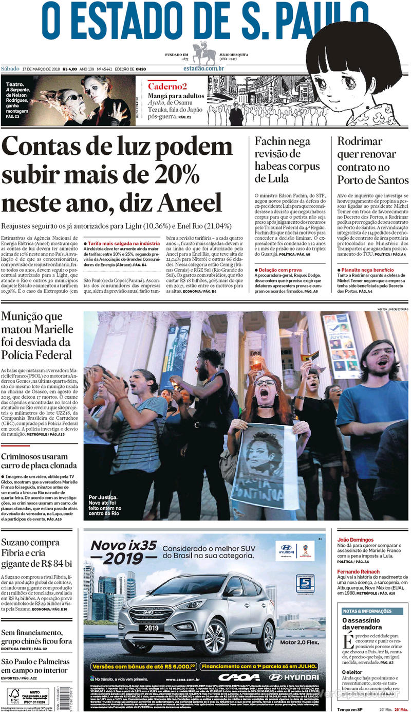 Capa do jornal Estadão 17/03/2018