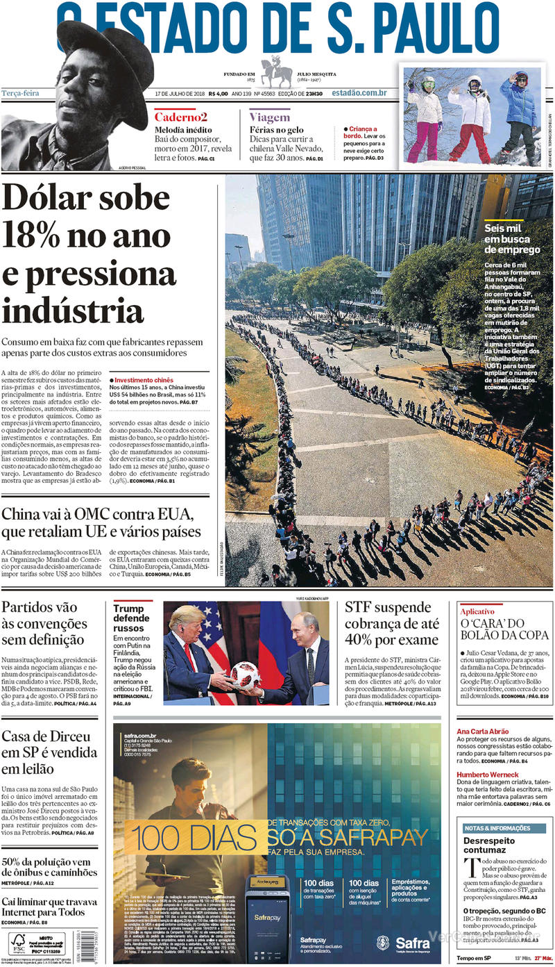 Capa O Estado de Sao Paulo 2018-07-17