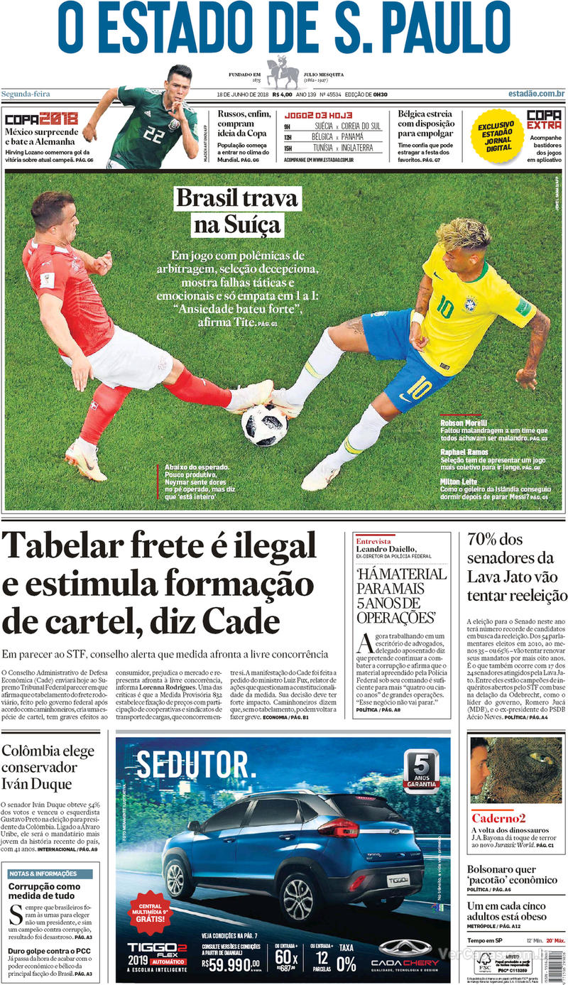Capa do jornal Estadão 18/06/2018
