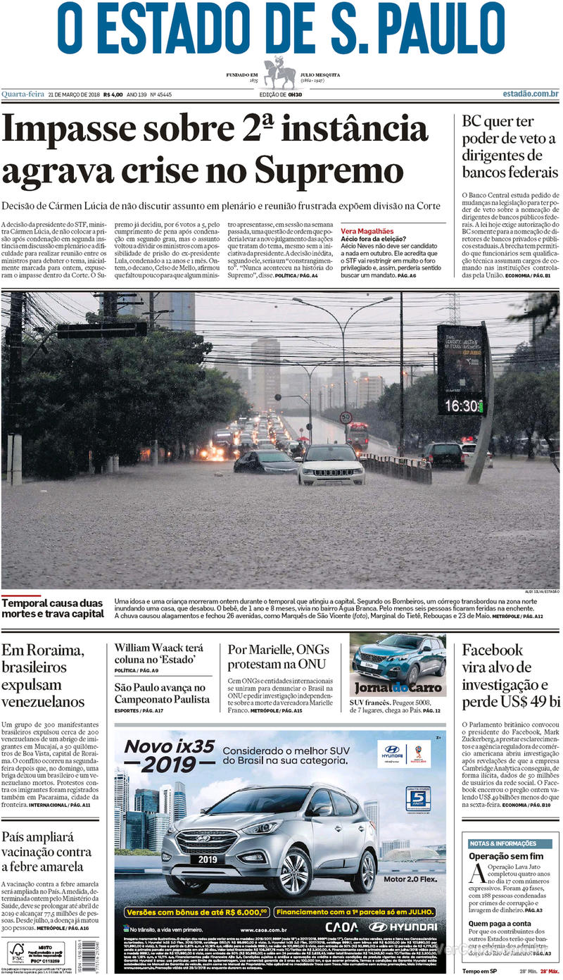 Capa do jornal Estadão 21/03/2018