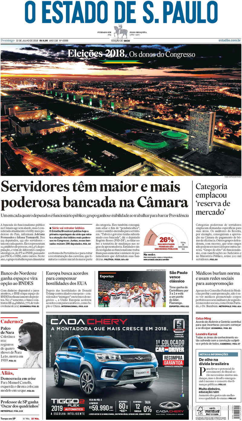 Capa O Estado de Sao Paulo 2018-07-22