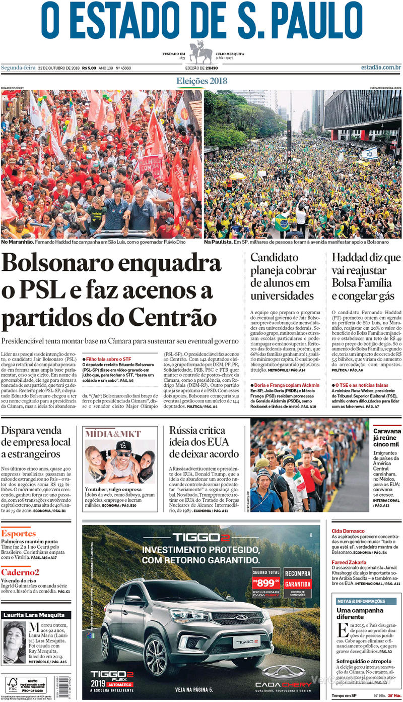 Capa O Estado de Sao Paulo 2018-10-22