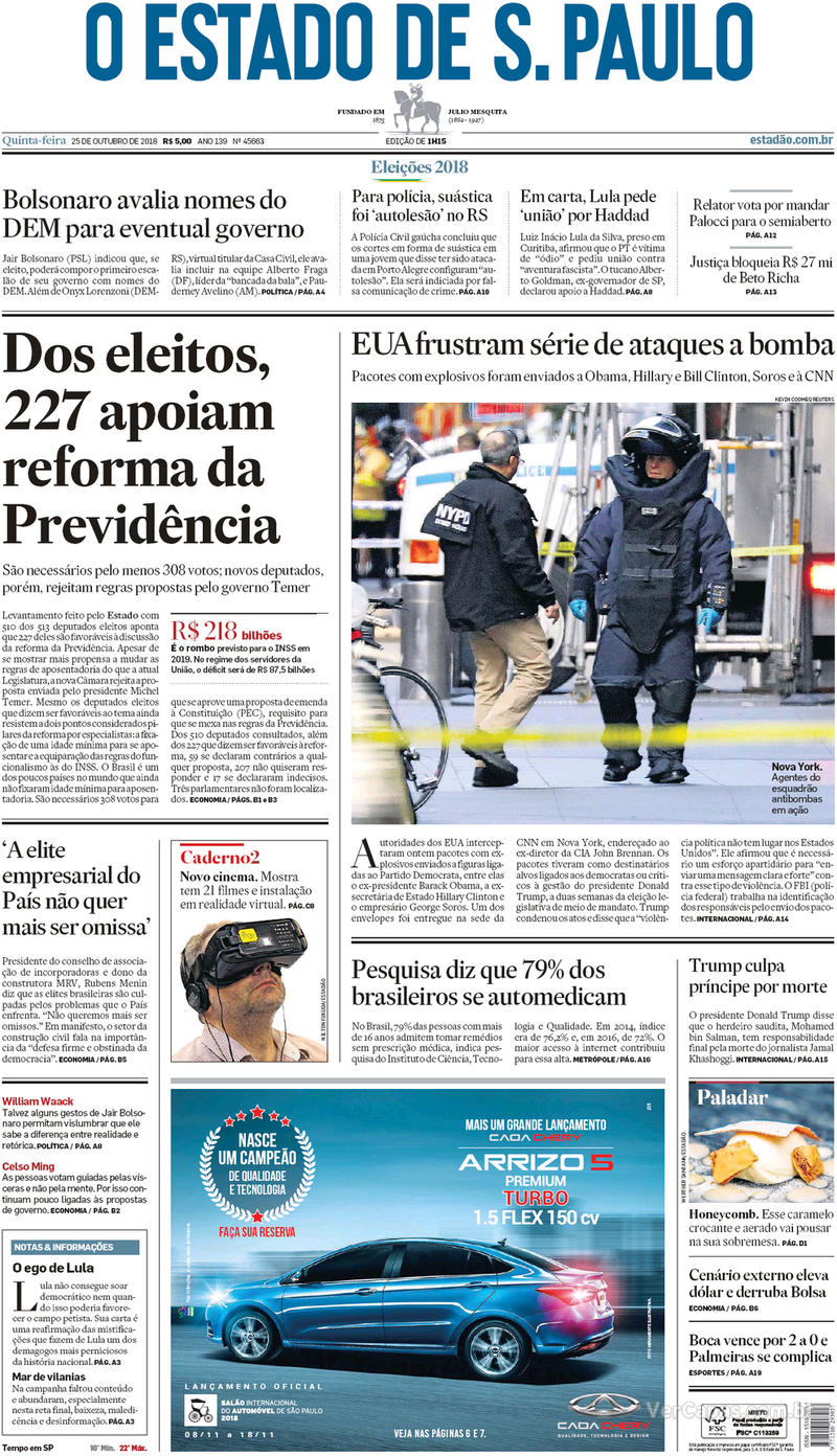 Capa do jornal Estadão 25/10/2018