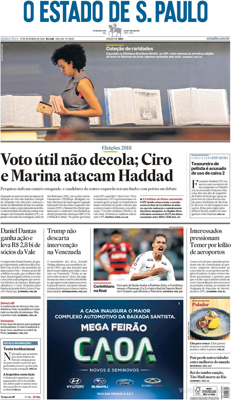 Capa O Estado de Sao Paulo 2018-09-27