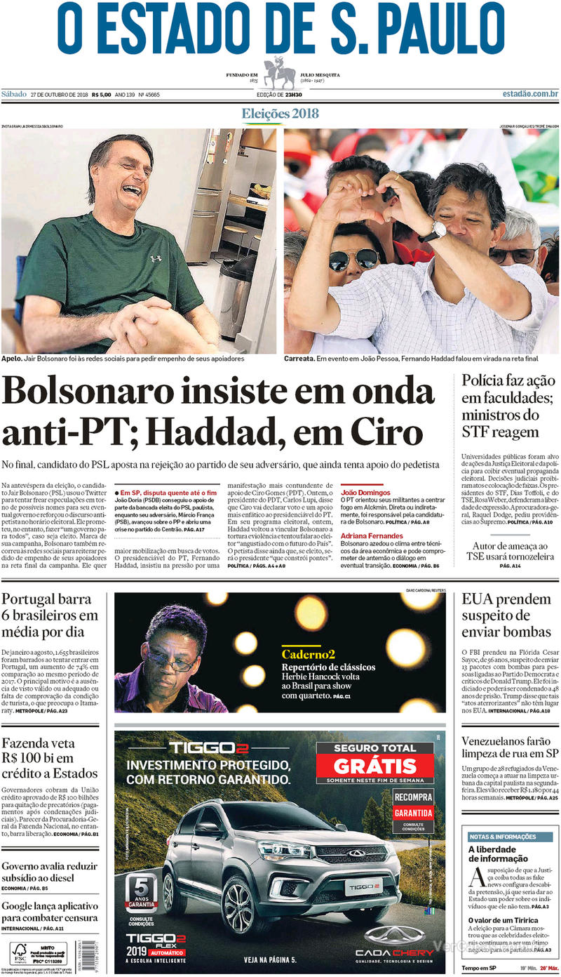 Capa do jornal Estadão 27/10/2018