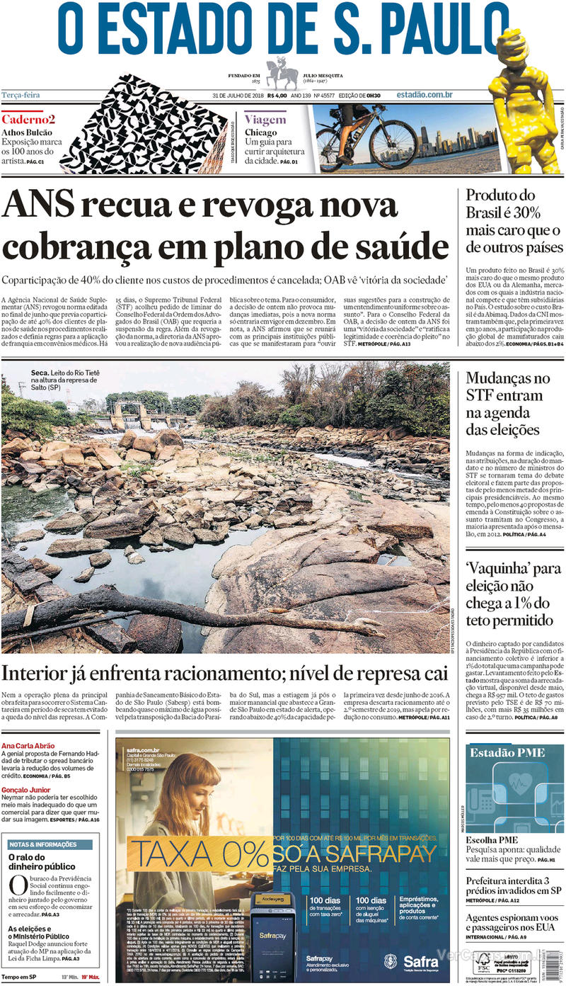 Capa O Estado de Sao Paulo 2018-07-31