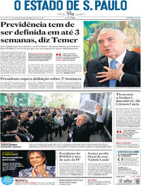 Capa do jornal Estadão 02/02/2018