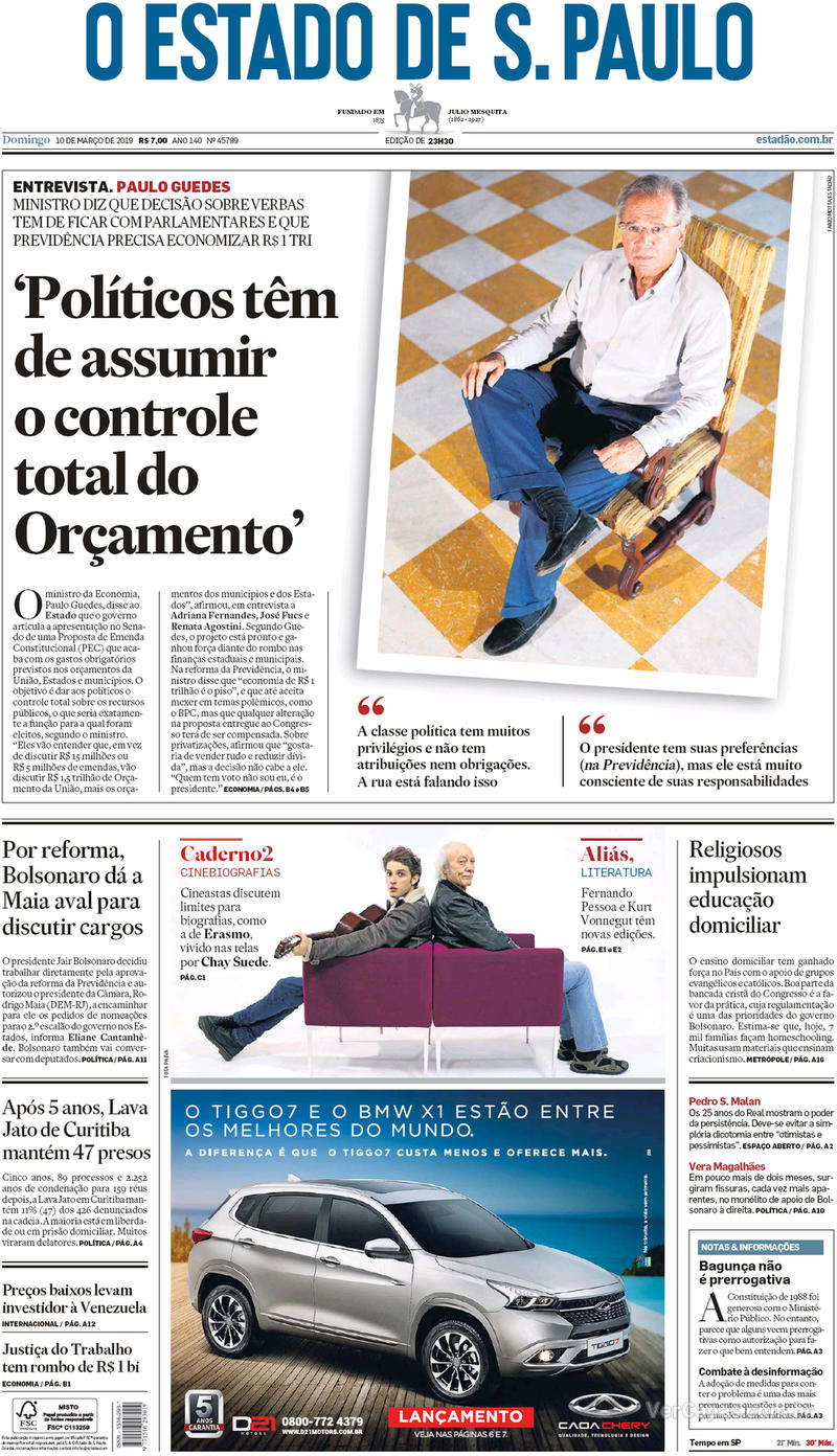 Capa O Estado de Sao Paulo 2019-03-10