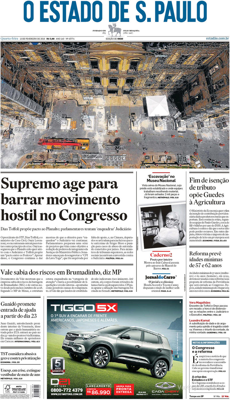 Capa O Estado de Sao Paulo 2019-02-13
