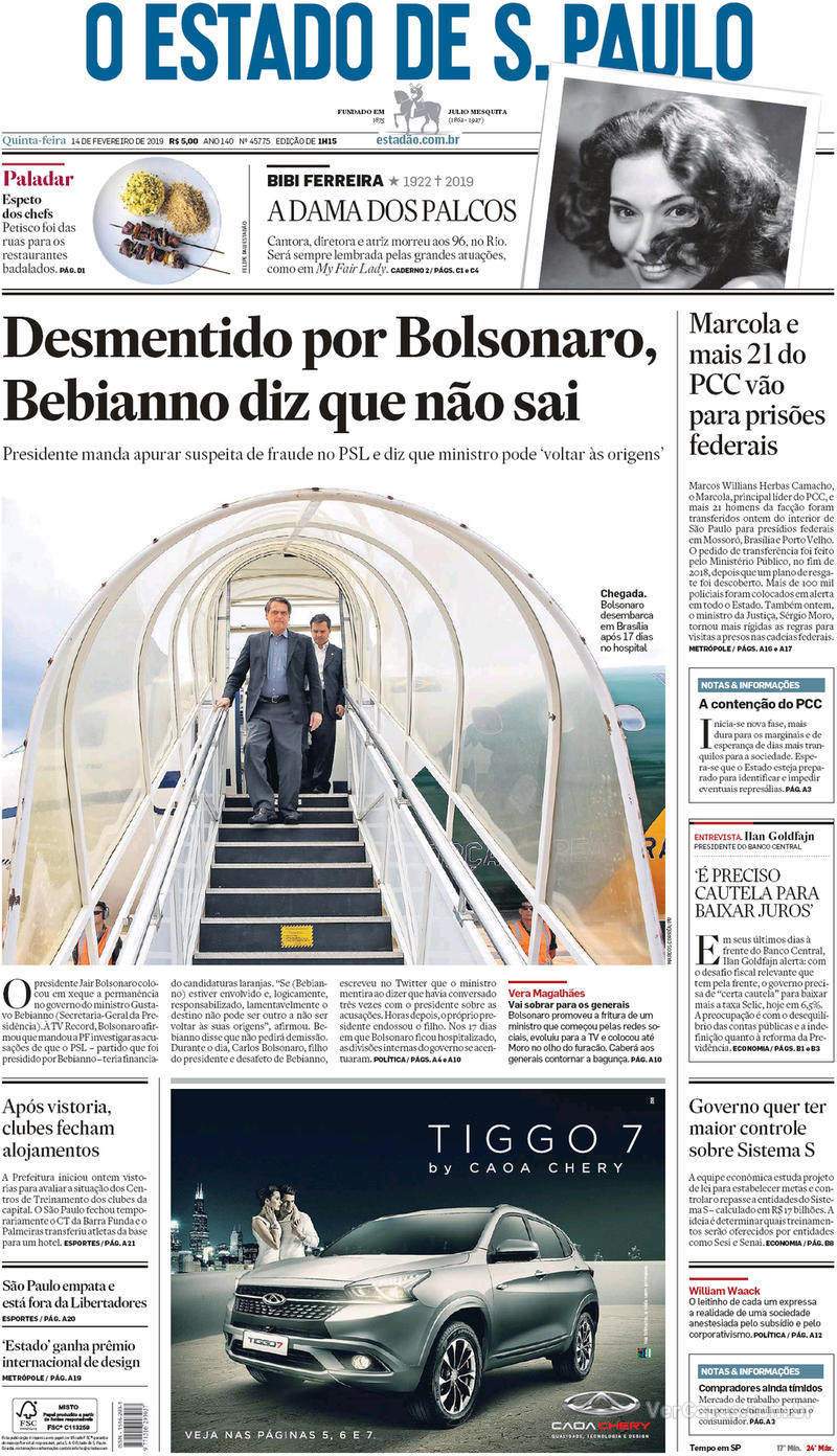 Capa O Estado de Sao Paulo 2019-02-14