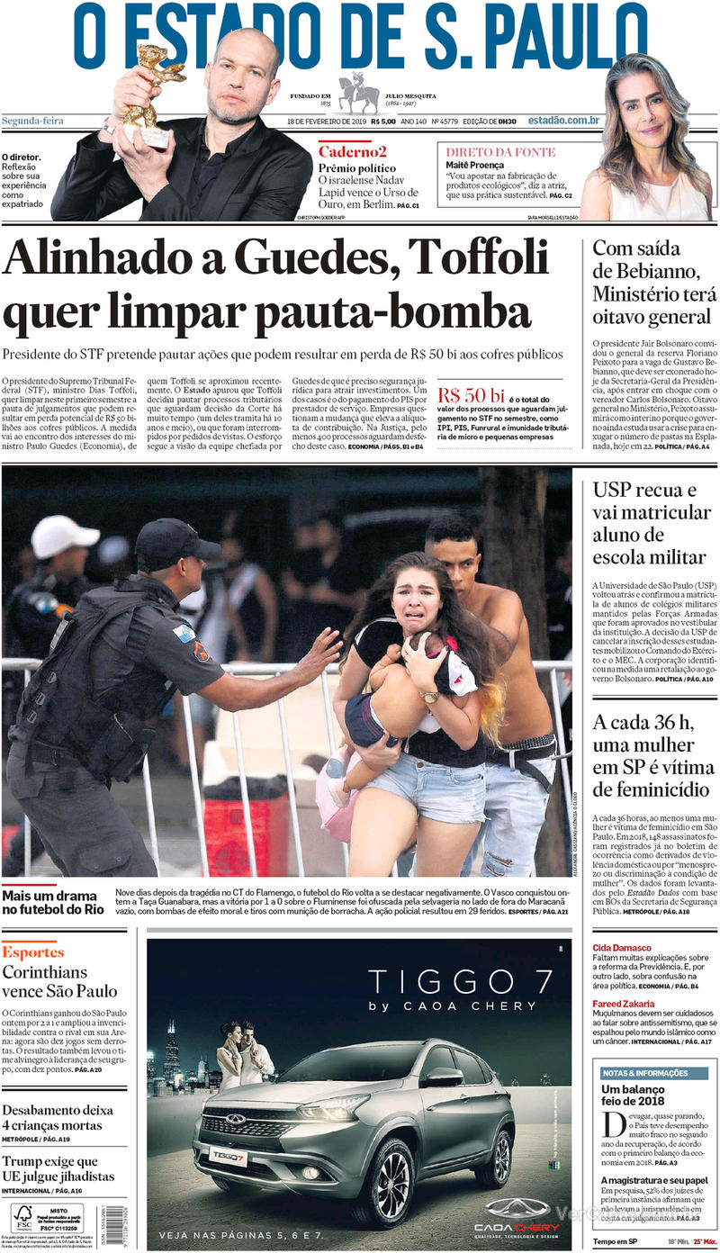 Capa O Estado de Sao Paulo 2019-02-18