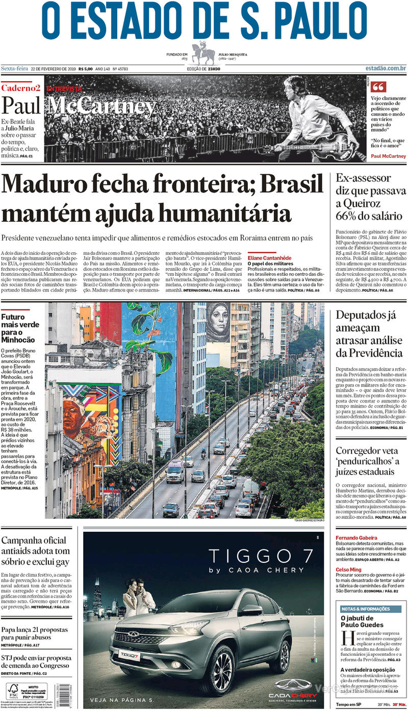 Capa O Estado de Sao Paulo 2019-02-22