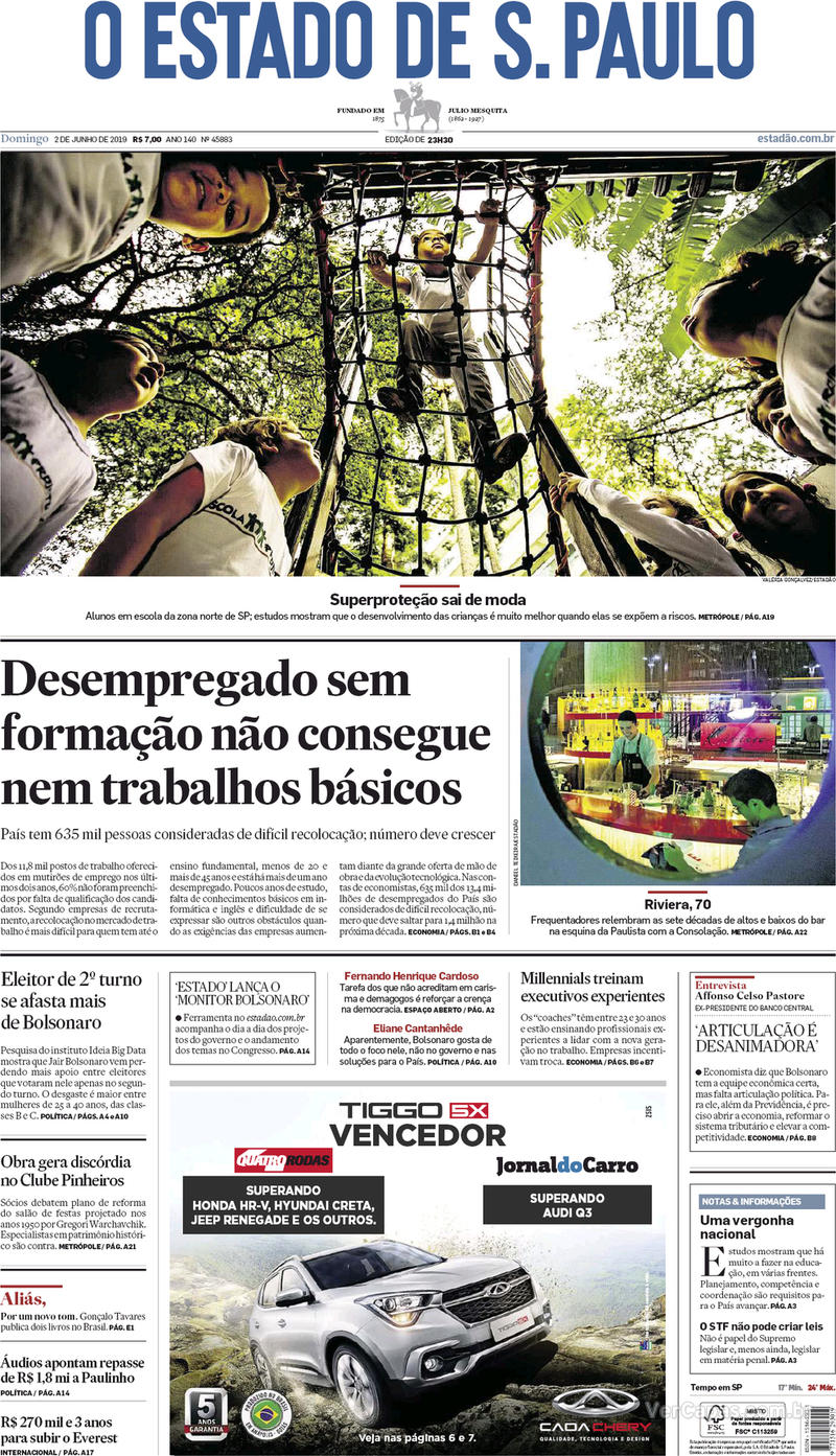 Capa jornal O Estado de Sao Paulo 02/06/2019