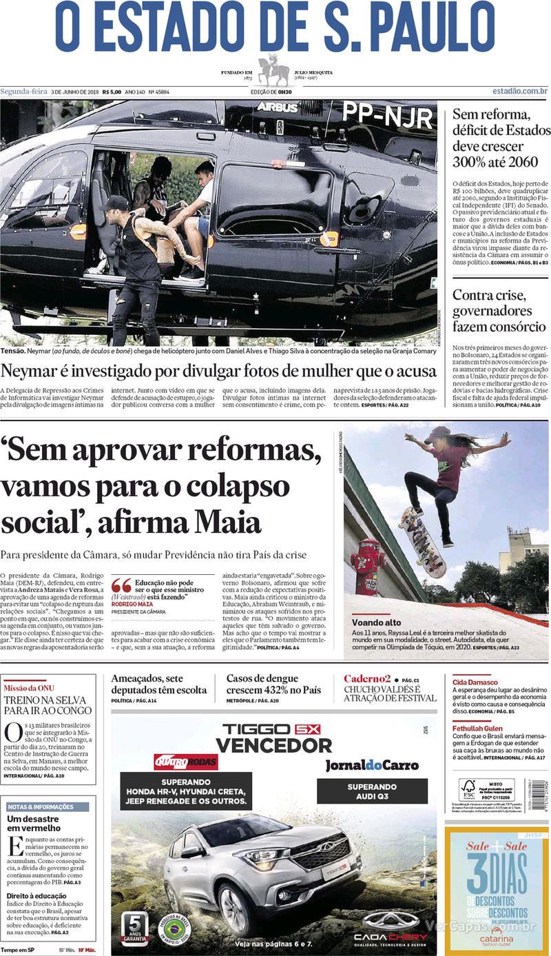 Capa jornal O Estado de Sao Paulo 03/06/2019