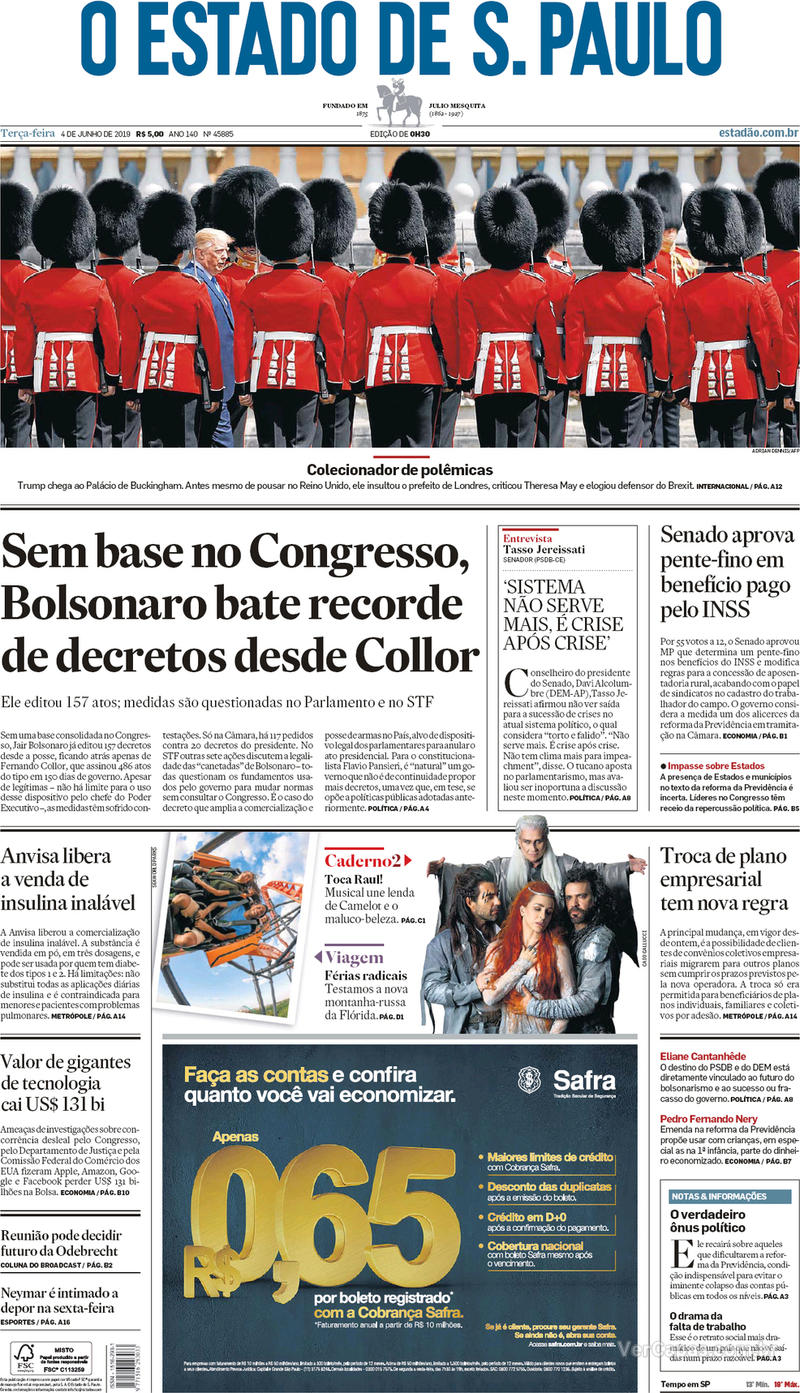 Capa jornal O Estado de Sao Paulo 04/06/2019