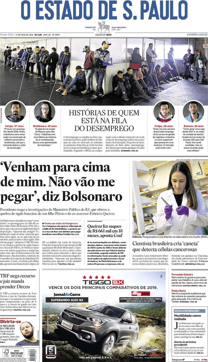 Capa jornal O Estado de Sao Paulo 17/05/2019