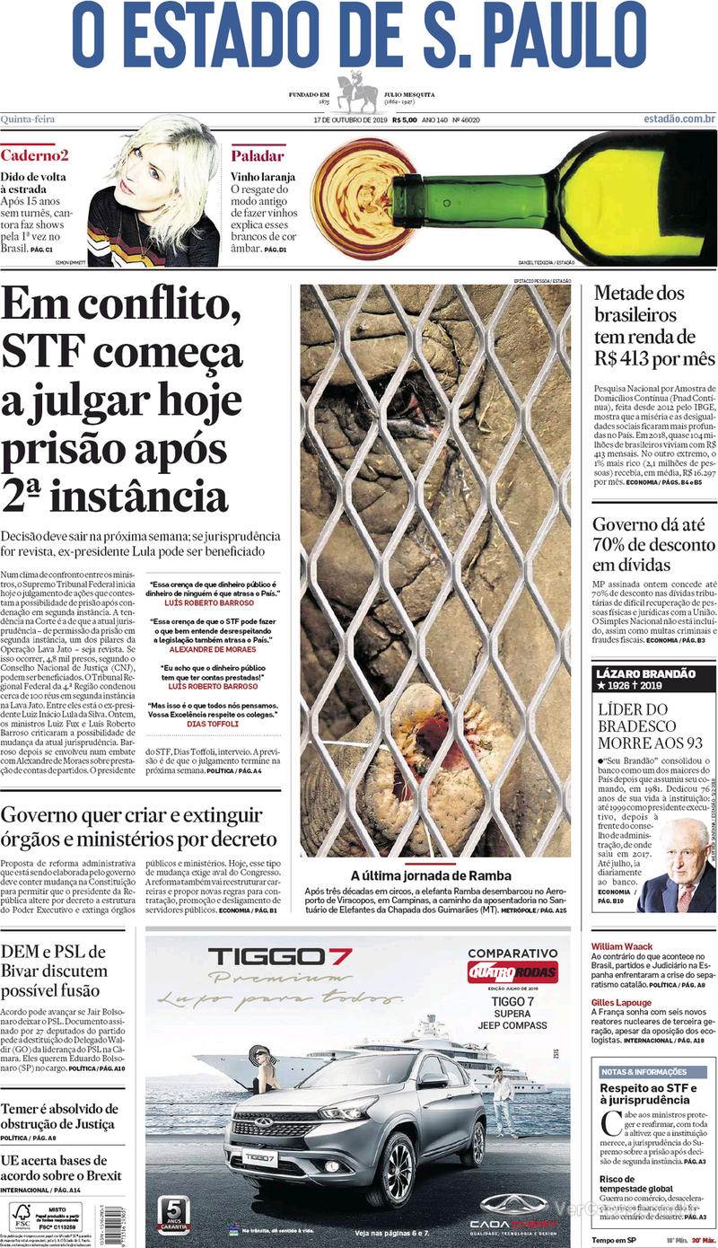 Capa jornal O Estado de Sao Paulo