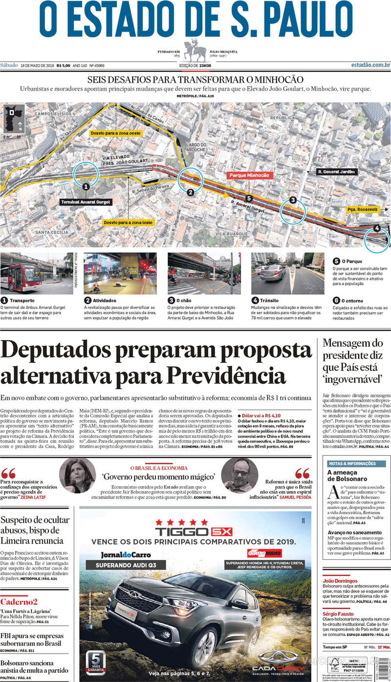 Capa jornal O Estado de Sao Paulo 18/05/2019