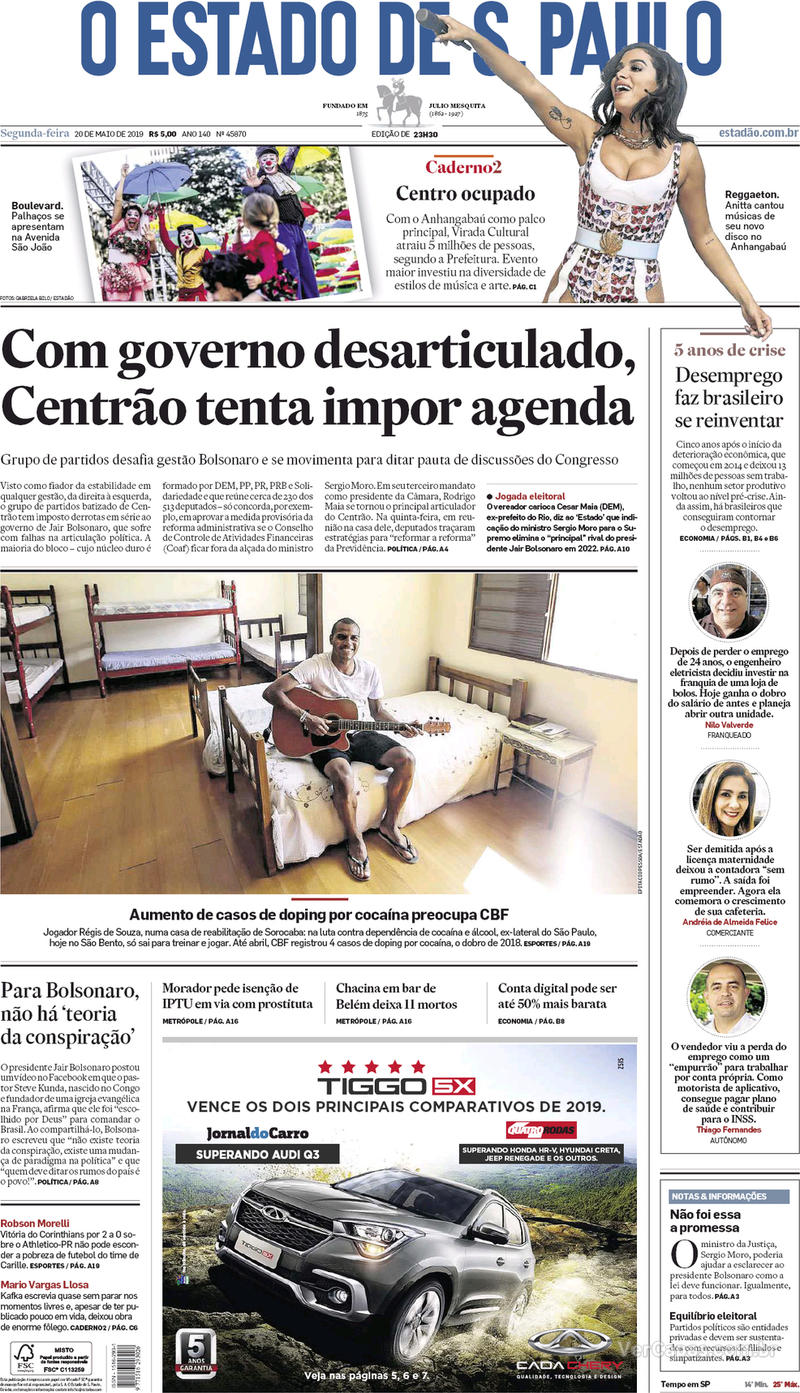 Capa jornal O Estado de Sao Paulo 20/05/2019