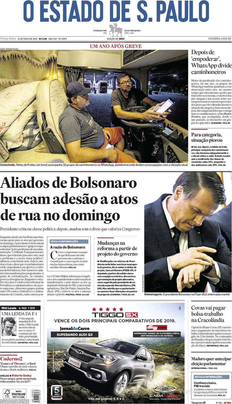 Capa jornal O Estado de Sao Paulo 21/05/2019