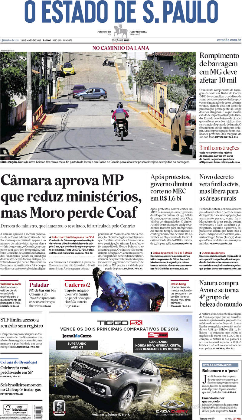 Capa jornal O Estado de Sao Paulo 23/05/2019