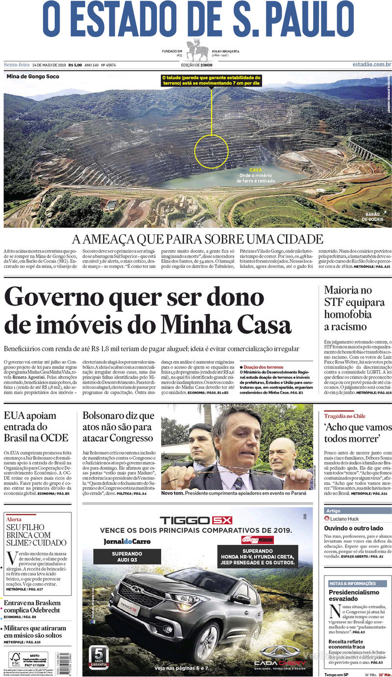 Capa jornal O Estado de Sao Paulo 24/05/2019