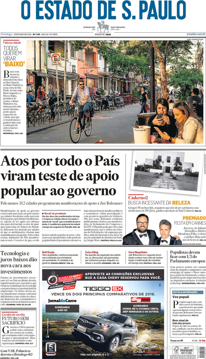 Capa jornal O Estado de Sao Paulo 26/05/2019