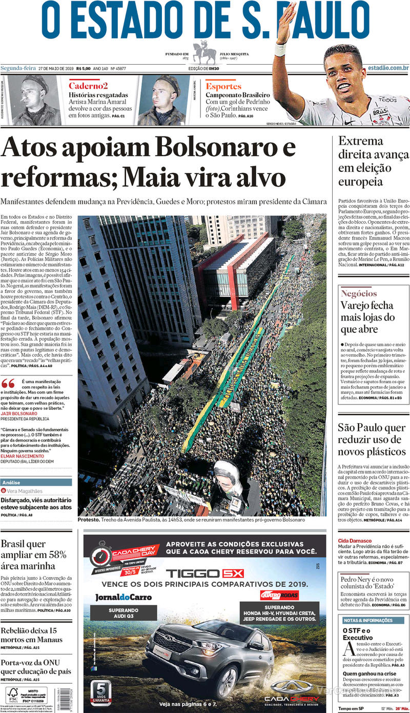Capa jornal O Estado de Sao Paulo 27/05/2019