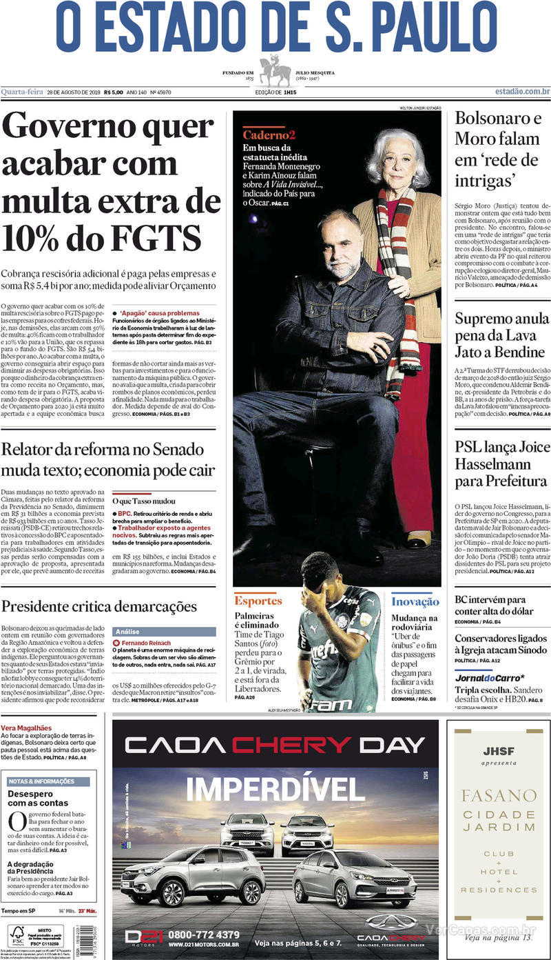 Capa jornal O Estado de Sao Paulo