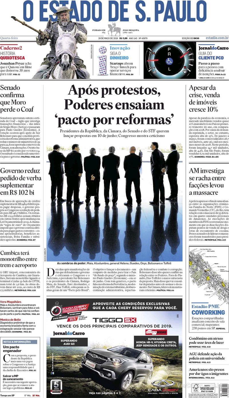 Capa jornal O Estado de Sao Paulo 29/05/2019