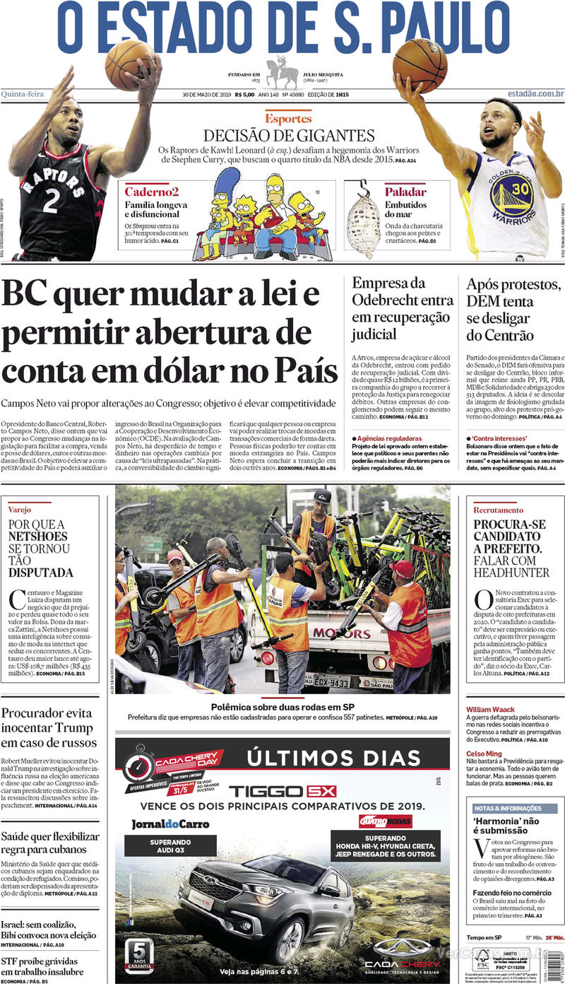 Capa jornal O Estado de Sao Paulo 30/05/2019