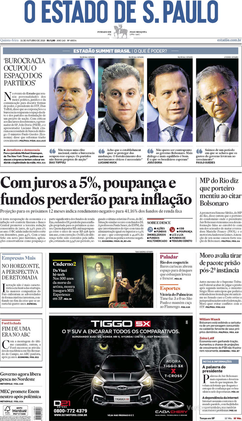 Capa do jornal Estadão 31/10/2019